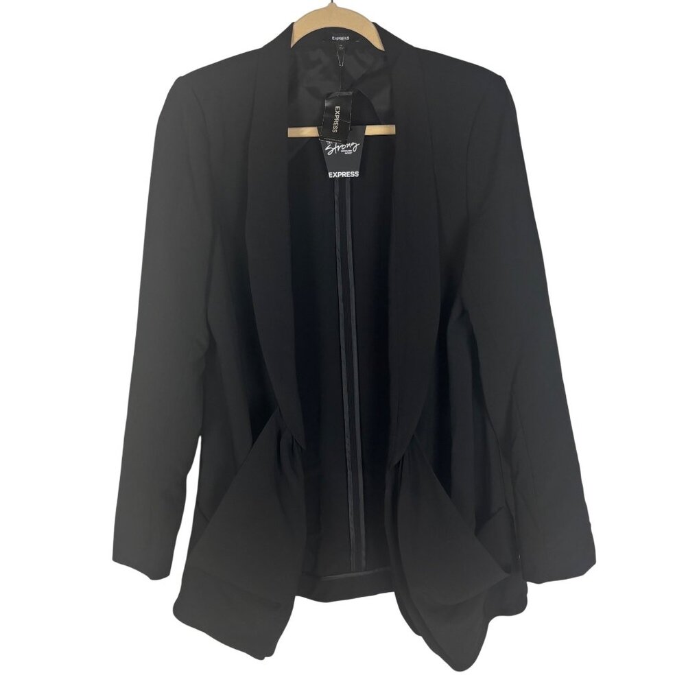 NWT $88 Express 12 The Strong Shoulder Jacket Black Open Front Blazer Office